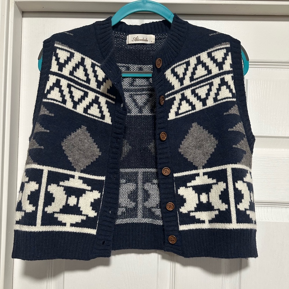 Alicedudu Blue, White & Grey Knit Button Up Sweater Vest Women's Small